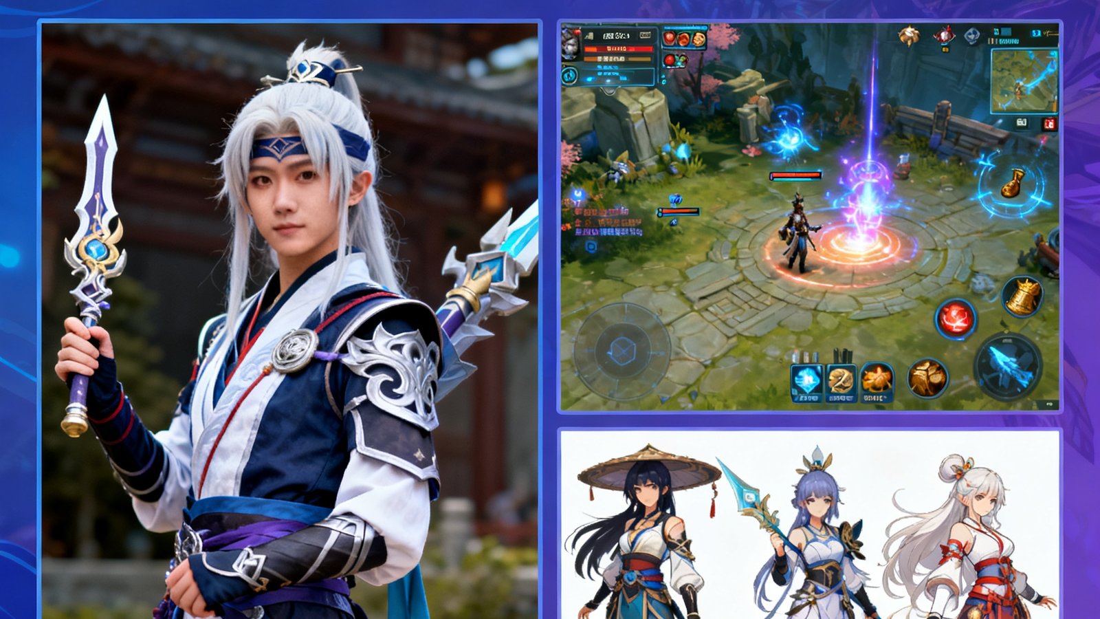 亿万28玩家创作大赛获奖作品，包括精美Cosplay照片与原画壁纸，背景有游戏元素