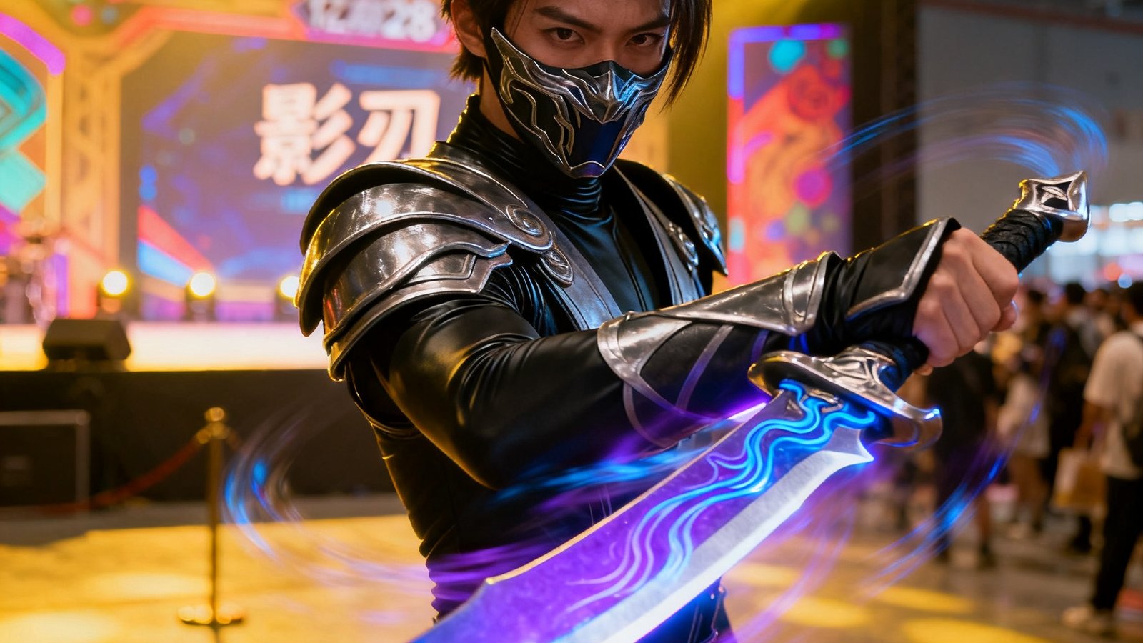 亿万28玩家Cosplay照片，扮演游戏角色“影刃”，手持炫光匕首，背景为漫展舞台