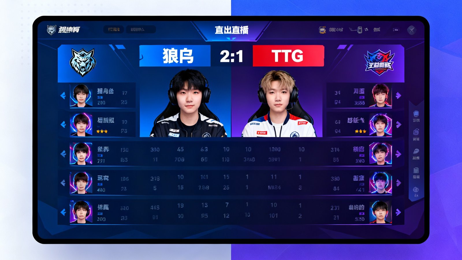 亿万28平台内嵌电竞赛事直播窗口，显示狼队对阵TTG，实时比分2:1，选手头像与数据面板